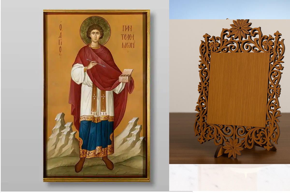 Σετ 2 τεμαχίων – Εικόνα Ορθοδοξίας Δαντέλα μαζι με  Βάση σε  8 χρώματα με περίγραμμα χρυσό σε ξύλο Plywood (Πλακάζ)   με  βάση Παντελεήμων ο Μεγαλομάρτυρας, Χειροποίητη Ελληνορθόδοξη , Κρεμαστή πλάκα βυζαντινής τέχνης, χριστιανική τέχνη Διάσταση 21x15 cm