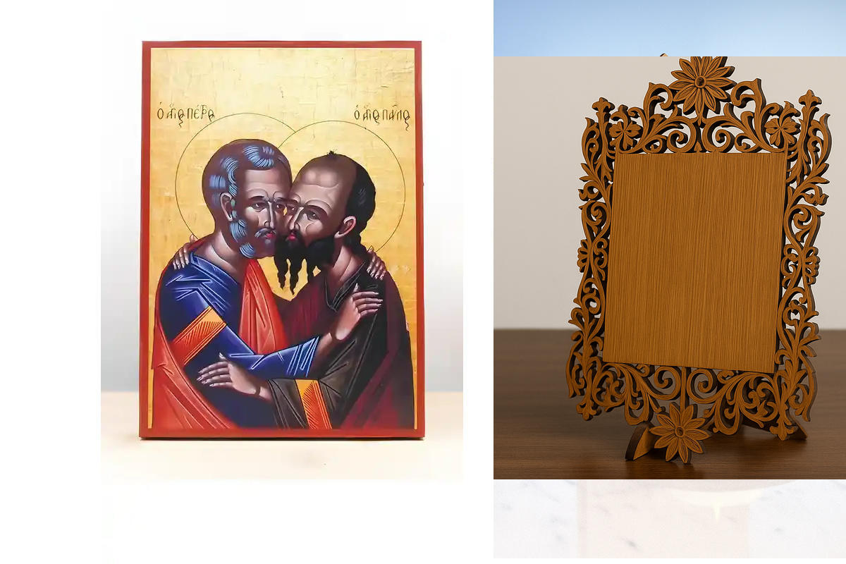 Εικόνα Ορθοδοξίας Δαντέλα μαζι με  Βάση σε  8 χρώματα με περίγραμμα χρυσό σε ξύλο Plywood (Πλακάζ)   με  βάση Άγιοι Απόστολοι Παύλος και Πέτρος αγκαλιάζονται μεταξύ τους, Ξύλινη Χειροποίητη Εικόνα Ελληνικού Βυζαντινού Στυλ τοίχου που κρέμεται σε ξύλινη πλ