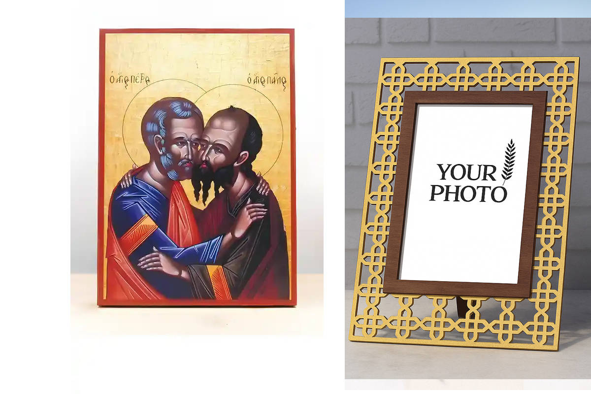 Εικόνα Ορθοδοξίας Πολυτελείας  με  σχεδιο Σταυρούς μαζι με  Βάση σε  8 χρώματα με περίγραμμα χρυσό σε ξύλο Plywood (Πλακάζ)   με  βάση Άγιοι Απόστολοι Παύλος και Πέτρος αγκαλιάζονται μεταξύ τους, Ξύλινη Χειροποίητη Εικόνα Ελληνικού Βυζαντινού Στυλ τοίχου