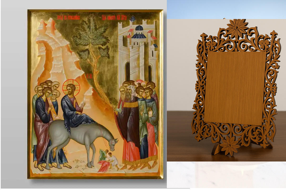 Εικόνα Ορθοδοξίας Δαντέλα μαζι με  Βάση σε  8 χρώματα με περίγραμμα χρυσό σε ξύλο Plywood (Πλακάζ)   με  βάση Είσοδος του Κυρίου στην Ιερουσαλήμ, Χειροποίητη Ελληνορθόδοξη , Κρεμαστή πλάκα βυζαντινής τέχνης, χριστιανική τέχνη Διάσταση 50x40 cm (19,7 x 15,