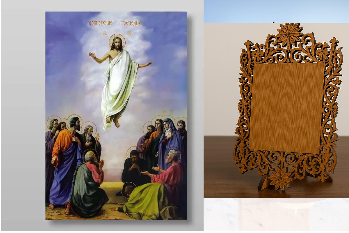 Εικόνα Ορθοδοξίας Δαντέλα μαζι με  Βάση σε  8 χρώματα με περίγραμμα χρυσό σε ξύλο Plywood (Πλακάζ)   με  βάση Η Ανάληψη του Κυρίου μας Ιησού Χριστού, Χειροποίητη Ελληνορθόδοξη , Κρεμαστή πλάκα βυζαντινής τέχνης, χριστιανική τέχνη Διάσταση 10x7 cm (3,9 x 2