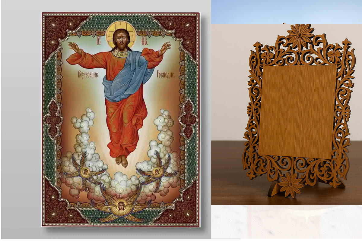 Εικόνα Ορθοδοξίας Δαντέλα μαζι με  Βάση σε  8 χρώματα με περίγραμμα χρυσό σε ξύλο Plywood (Πλακάζ)   με  βάση Η Ανάληψη του Κυρίου μας Ιησού Χριστού, Χειροποίητη Ελληνορθόδοξη , Κρεμαστή πλάκα βυζαντινής τέχνης, χριστιανική τέχνη Διάσταση 50x40 cm (19,7 x
