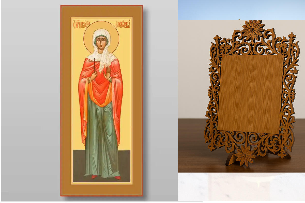 Σετ 2 τεμαχίων – Εικόνα Ορθοδοξίας Δαντέλα μαζι με  Βάση σε  8 χρώματα με περίγραμμα χρυσό σε ξύλο Plywood (Πλακάζ)   με  βάση Ανισία της Θεσσαλονίκης μάρτυρα, Χειροποίητη Ελληνορθόδοξη , Κρεμαστή πλάκα βυζαντινής τέχνης, χριστιανική τέχνη Διάσταση 26x20