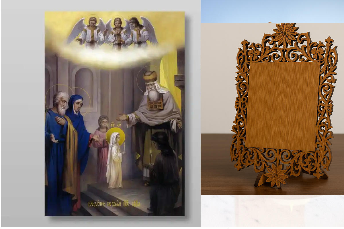 Σετ 2 τεμαχίων – Εικόνα Ορθοδοξίας Δαντέλα μαζι με  Βάση σε  8 χρώματα με περίγραμμα χρυσό σε ξύλο Plywood (Πλακάζ)   με  βάση Εισαγωγή της Θεοτόκου στο Ναό, Χειροποίητη Ελληνορθόδοξη , Κρεμαστή πλάκα βυζαντινής τέχνης, χριστιανική τέχνη Διάσταση 26x20 cm