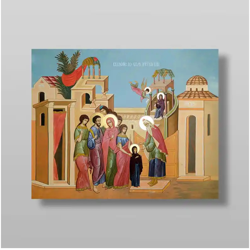 Εικόνα Ορθοδοξίας με περίγραμμα χρυσό σε ξύλο Φλαμουρίας  με  βάση Εισαγωγή της Θεοτόκου στο Ναό, Χειροποίητη Ελληνορθόδοξη , Κρεμαστή πλάκα βυζαντινής τέχνης, χριστιανική τέχνη Διάσταση 10x7 cm (3,9 x 2,8 ίντσες) INTRAEK-71100