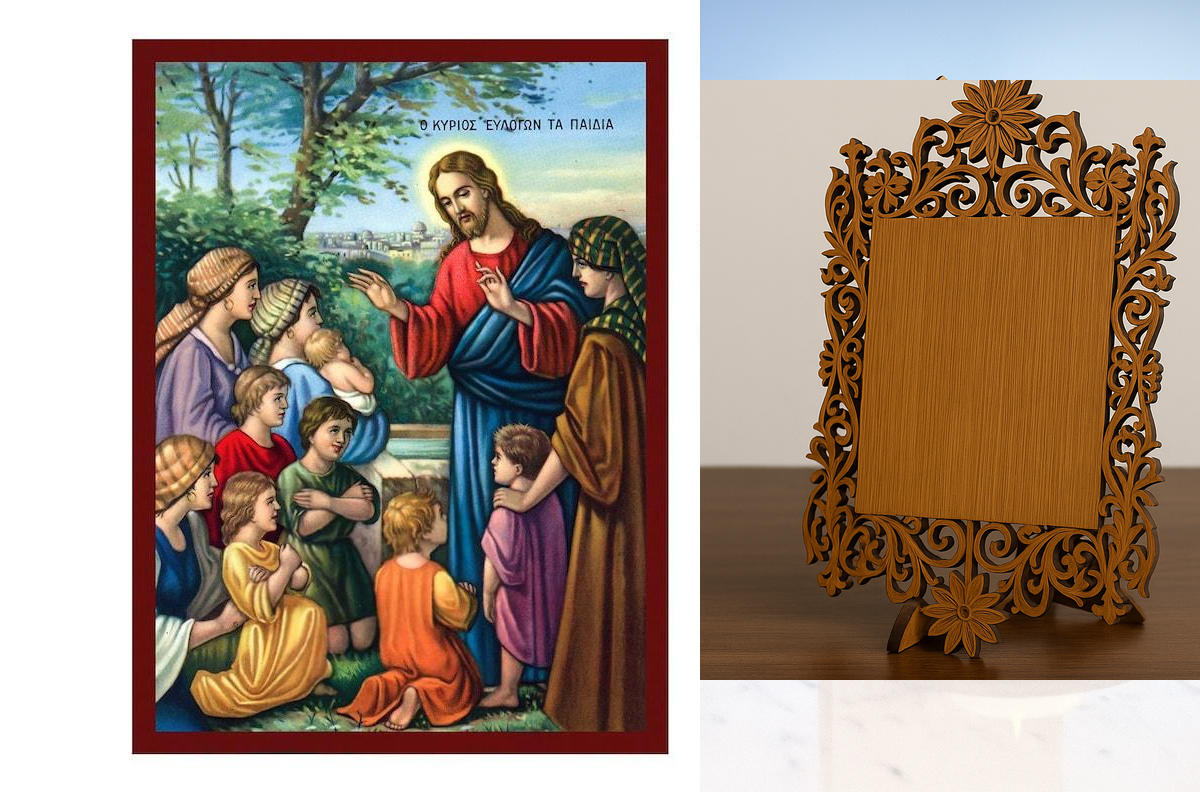 Εικόνα Ορθοδοξίας Δαντέλα μαζι με  Βάση σε  8 χρώματα με περίγραμμα χρυσό σε ξύλο Plywood (Πλακάζ)   με  βάση Ο Ιησούς Χριστός Ευλογεί τα Παιδιά Εικόνα, Χειροποίητη Ελληνορθόδοξη εικόνα του Ιησού Χριστού, Κρεμαστή πλάκα βυζαντινής τέχνης, θρησκευτικό δώρο