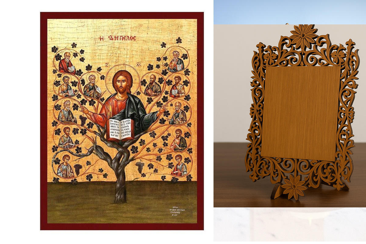 Εικόνα Ορθοδοξίας Δαντέλα μαζι με  Βάση σε  8 χρώματα με περίγραμμα χρυσό σε ξύλο Plywood (Πλακάζ)   με  βάση Ιησούς Χριστός Η αληθινή εικόνα αμπέλου, χειροποίητη ελληνορθόδοξη εικόνα του Ιησού Χριστού, επιτοίχια πλάκα βυζαντινής τέχνης, χριστιανικό δώρο