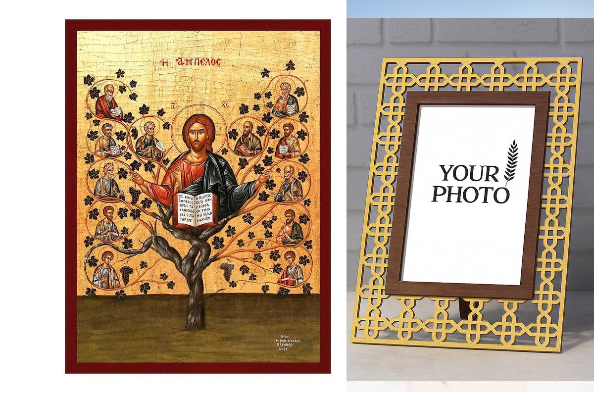 Εικόνα Ορθοδοξίας Πολυτελείας  με  σχεδιο Σταυρούς μαζι με  Βάση σε  8 χρώματα με περίγραμμα χρυσό σε ξύλο Plywood (Πλακάζ)   με  βάση Ιησούς Χριστός Η αληθινή εικόνα αμπέλου, χειροποίητη ελληνορθόδοξη εικόνα του Ιησού Χριστού, επιτοίχια πλάκα βυζαντινής