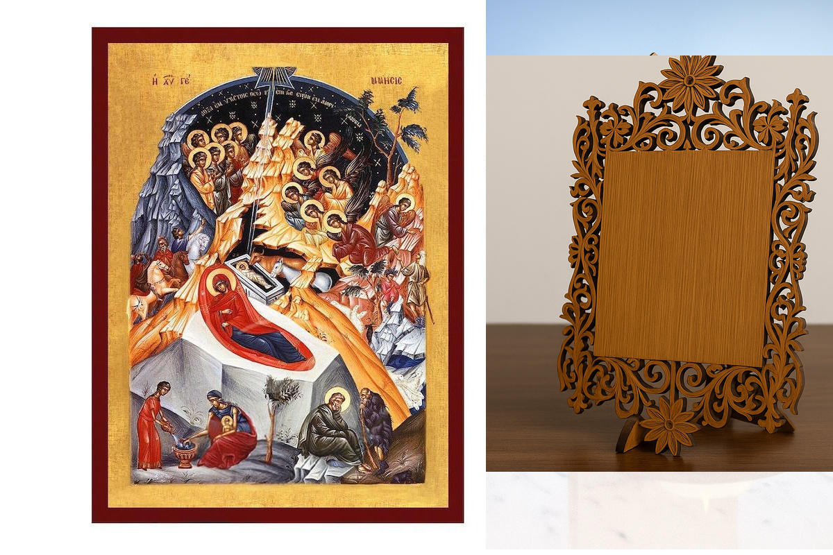 Εικόνα Ορθοδοξίας Δαντέλα μαζι με  Βάση σε  8 χρώματα με περίγραμμα χρυσό σε ξύλο Plywood (Πλακάζ)   με  βάση Εικόνα της Γέννησης του Χριστού, Χειροποίητη ελληνορθόδοξη εικόνα του Ιησού Χριστού, επιτοίχια πλάκα βυζαντινής τέχνης, χριστιανική διακόσμηση Δι