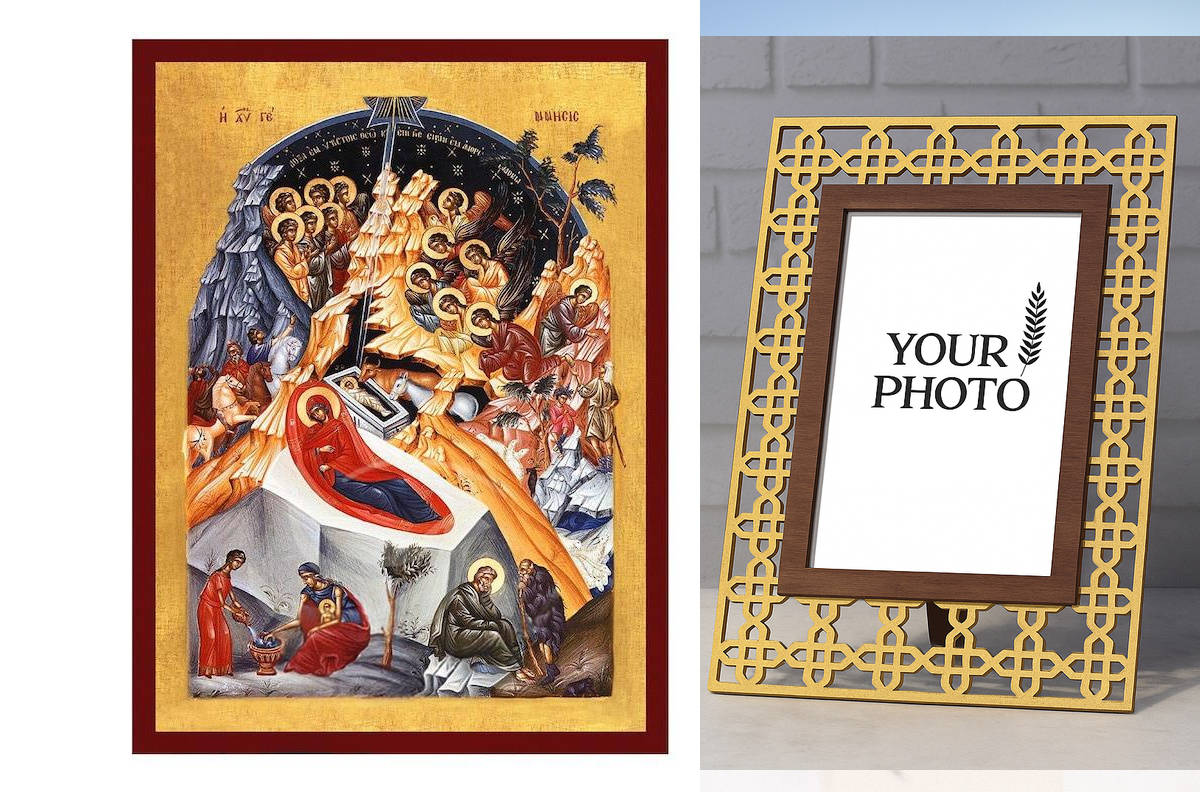 Εικόνα Ορθοδοξίας Πολυτελείας  με  σχεδιο Σταυρούς μαζι με  Βάση σε  8 χρώματα με περίγραμμα χρυσό σε ξύλο Plywood (Πλακάζ)   με  βάση Εικόνα της Γέννησης του Χριστού, Χειροποίητη ελληνορθόδοξη εικόνα του Ιησού Χριστού, επιτοίχια πλάκα βυζαντινής τέχνης,