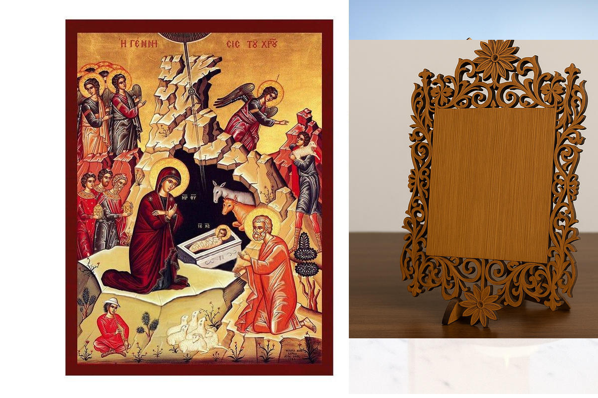 Εικόνα Ορθοδοξίας Δαντέλα μαζι με  Βάση σε  8 χρώματα με περίγραμμα χρυσό σε ξύλο Plywood (Πλακάζ)   με  βάση Η εικόνα της γέννησης του Ιησού, χειροποίητη ελληνορθόδοξη εικόνα του Ιησού Χριστού, επιτοίχια βυζαντινή τέχνη, θρησκευτική διακόσμηση Διάσταση 4