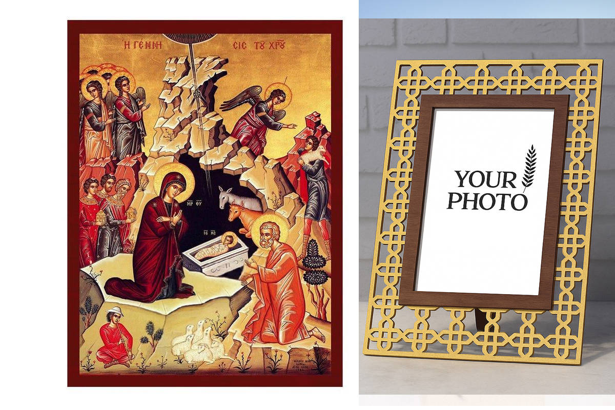 Εικόνα Ορθοδοξίας Πολυτελείας  με  σχεδιο Σταυρούς μαζι με  Βάση σε  8 χρώματα με περίγραμμα χρυσό σε ξύλο Plywood (Πλακάζ)   με  βάση Η εικόνα της γέννησης του Ιησού, χειροποίητη ελληνορθόδοξη εικόνα του Ιησού Χριστού, επιτοίχια βυζαντινή τέχνη, θρησκευτ