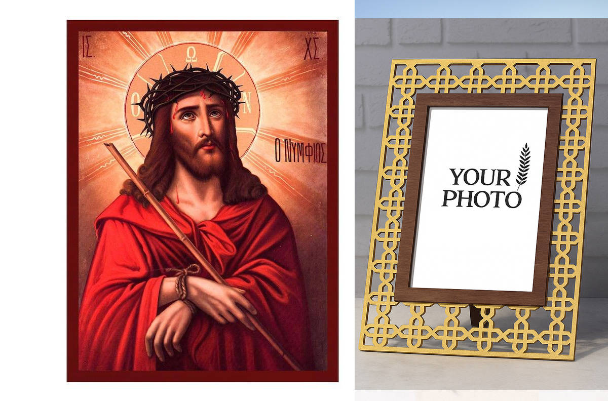 Εικόνα Ορθοδοξίας Πολυτελείας  με  σχεδιο Σταυρούς μαζι με  Βάση σε  8 χρώματα με περίγραμμα χρυσό σε ξύλο Plywood (Πλακάζ)   με  βάση Εικόνα Ιησούς Χριστός ο Νυμφίος, Χειροποίητη ελληνορθόδοξη εικόνα του Ιησού Χριστού, επιτοίχια πλάκα βυζαντινής τέχνης,