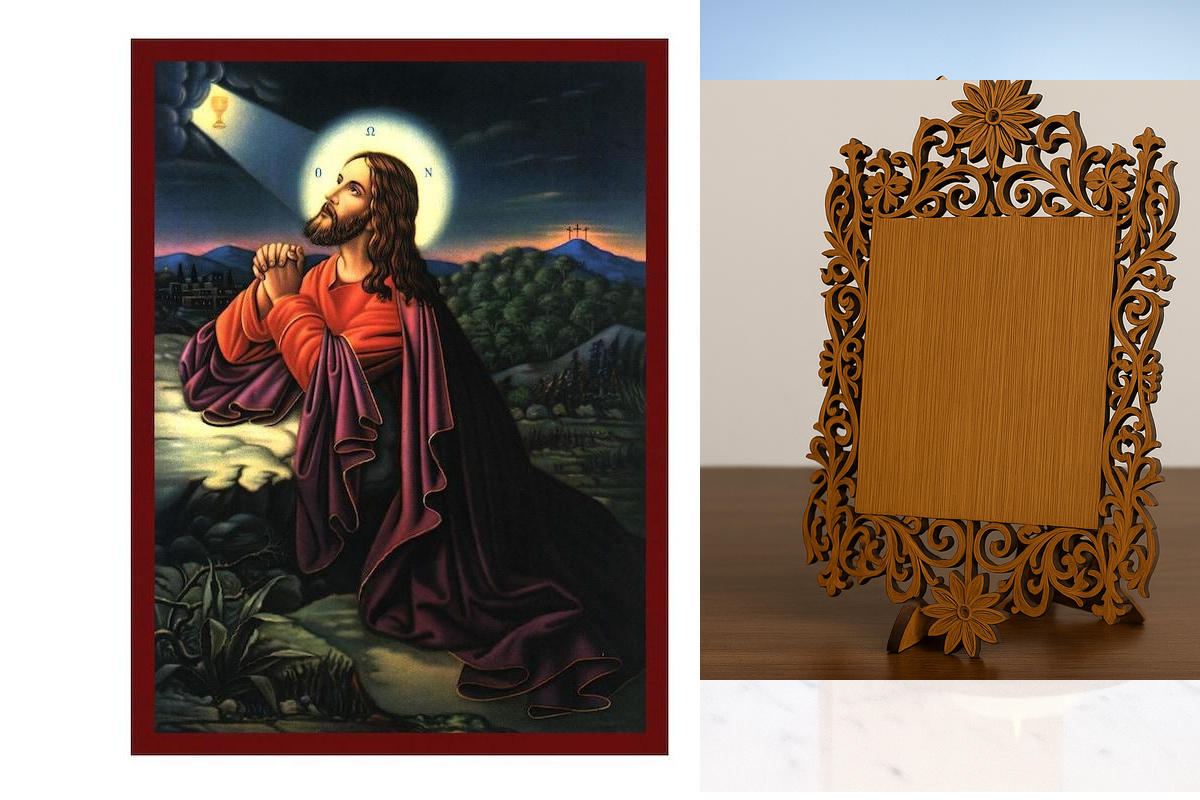 Εικόνα Ορθοδοξίας Δαντέλα μαζι με  Βάση σε  8 χρώματα με περίγραμμα χρυσό σε ξύλο Plywood (Πλακάζ)   με  βάση Ο Ιησούς Χριστός Προσεύχεται στη Γεθσημανή, Χειροποίητη Ελληνορθόδοξη εικόνα του Ιησού Χριστού, Κρεμαστή πλάκα βυζαντινής τέχνης, χριστιανική τέχ