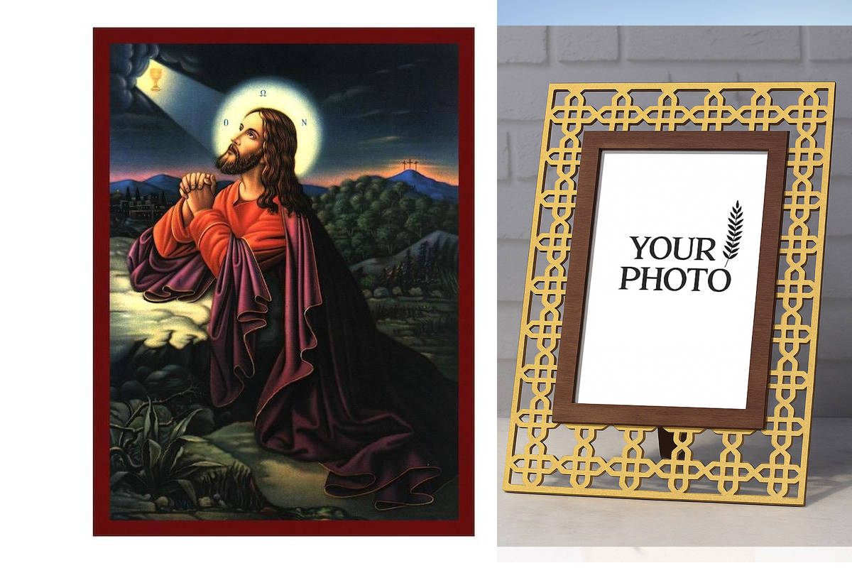 Εικόνα Ορθοδοξίας Πολυτελείας  με  σχεδιο Σταυρούς μαζι με  Βάση σε  8 χρώματα με περίγραμμα χρυσό σε ξύλο Plywood (Πλακάζ)   με  βάση Ο Ιησούς Χριστός Προσεύχεται στη Γεθσημανή, Χειροποίητη Ελληνορθόδοξη εικόνα του Ιησού Χριστού, Κρεμαστή πλάκα βυζαντινή