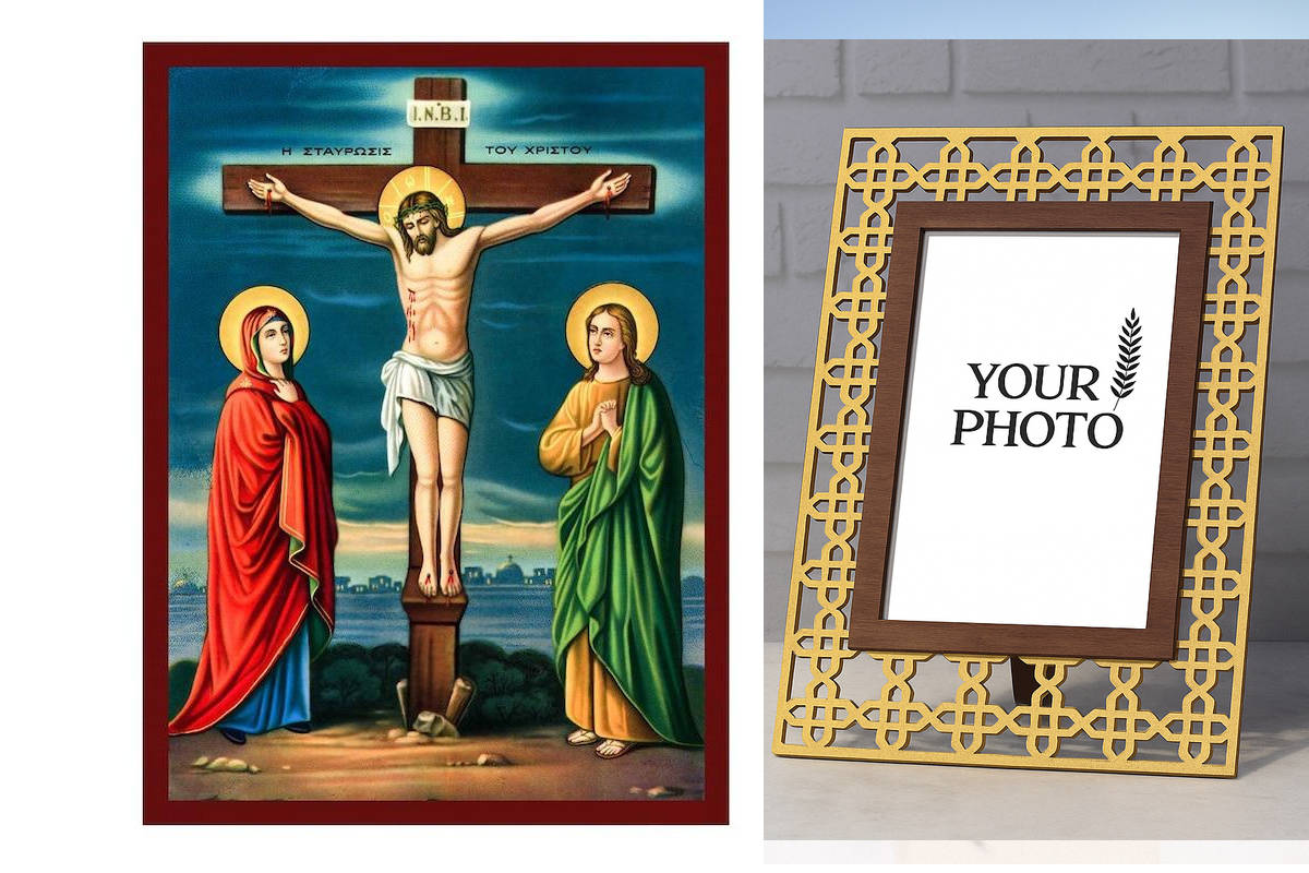 Εικόνα Ορθοδοξίας Πολυτελείας  με  σχεδιο Σταυρούς μαζι με  Βάση σε  8 χρώματα με περίγραμμα χρυσό σε ξύλο Plywood (Πλακάζ)   με  βάση Εικόνα Η Σταύρωση του Κυρίου, Χειροποίητη Ελληνορθόδοξη εικόνα του Ιησού Χριστού, Κρεμαστή πλάκα βυζαντινής τέχνης, ορθό