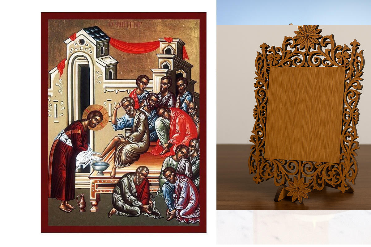 Σετ 2 τεμαχίων – Εικόνα Ορθοδοξίας Δαντέλα μαζι με  Βάση σε  8 χρώματα με περίγραμμα χρυσό σε ξύλο Plywood (Πλακάζ)   με  βάση Jesus Christ The Washing of the Feet Icon, Χειροποίητη Ελληνική Ορθόδοξη εικόνα του Ιησού Χριστού, Κρεμαστή πλάκα βυζαντινής τέχ