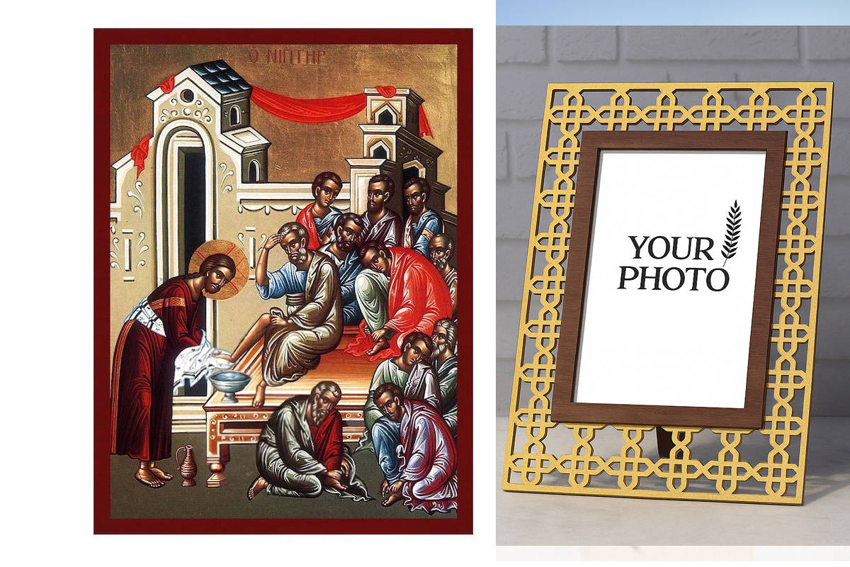 Εικόνα Ορθοδοξίας Πολυτελείας  με  σχεδιο Σταυρούς μαζι με  Βάση σε  8 χρώματα με περίγραμμα χρυσό σε ξύλο Plywood (Πλακάζ)   με  βάση Jesus Christ The Washing of the Feet Icon, Χειροποίητη Ελληνική Ορθόδοξη εικόνα του Ιησού Χριστού, Κρεμαστή πλάκα βυζαντ