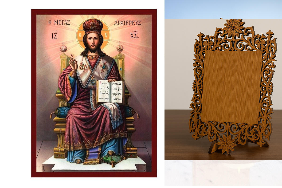 Εικόνα Ορθοδοξίας Δαντέλα μαζι με  Βάση σε  8 χρώματα με περίγραμμα χρυσό σε ξύλο Plywood (Πλακάζ)   με  βάση Ιησούς Χριστός ο Αρχιερέας εικόνα, Χειροποίητη Ελληνορθόδοξη εικόνα του Ιησού Χριστού, Κρεμαστή πλάκα βυζαντινής τέχνης, χριστιανική τέχνη Διάστα