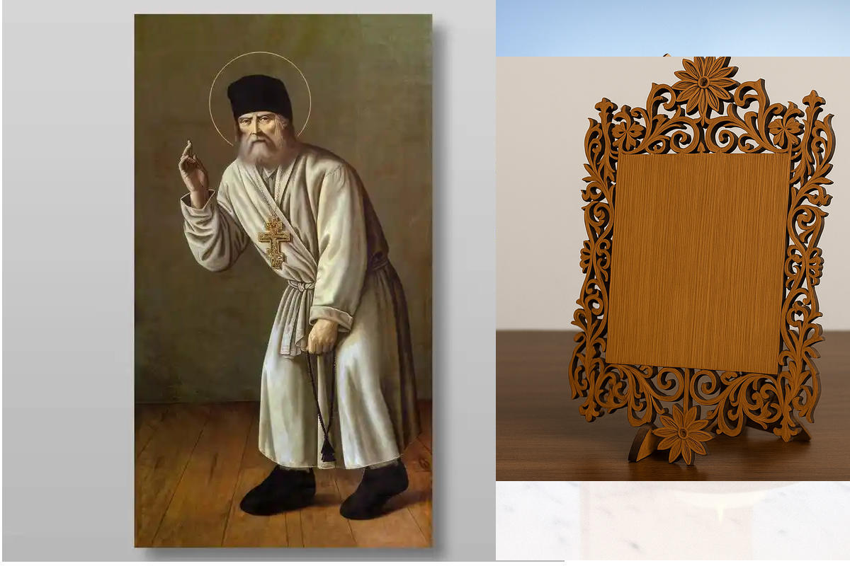 Σετ 2 τεμαχίων – Εικόνα Ορθοδοξίας Δαντέλα μαζι με  Βάση σε  8 χρώματα με περίγραμμα χρυσό σε ξύλο Plywood (Πλακάζ)   με  βάση Σεραφείμ του Σάρωφ αιδεσιμότατος, Χειροποίητη Ελληνορθόδοξη , Κρεμαστή πλάκα βυζαντινής τέχνης, χριστιανική τέχνη Διάσταση 21x15