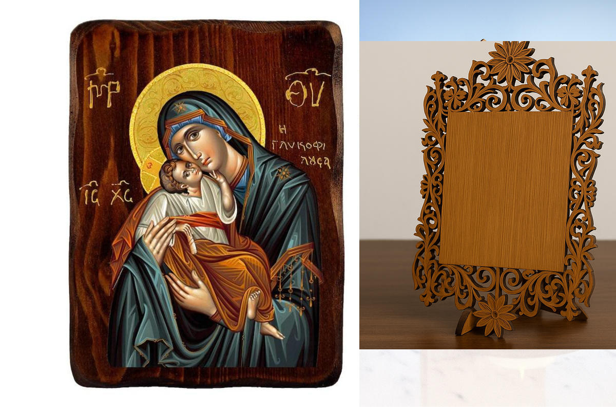 Εικόνα Ορθοδοξίας Δαντέλα μαζι με  Βάση σε  8 χρώματα με περίγραμμα χρυσό σε ξύλο Plywood (Πλακάζ)   με  βάση Παναγία Γλυκιά Φιλιούσα Εικόνα, Χειροποίητη Ξύλινη εικόνα Παναγίας Γλυκοφιλούσας, Βυζαντινή Τέχνη τοίχος, θρησκευτικό δώρο, Χριστιανική διακόσμησ
