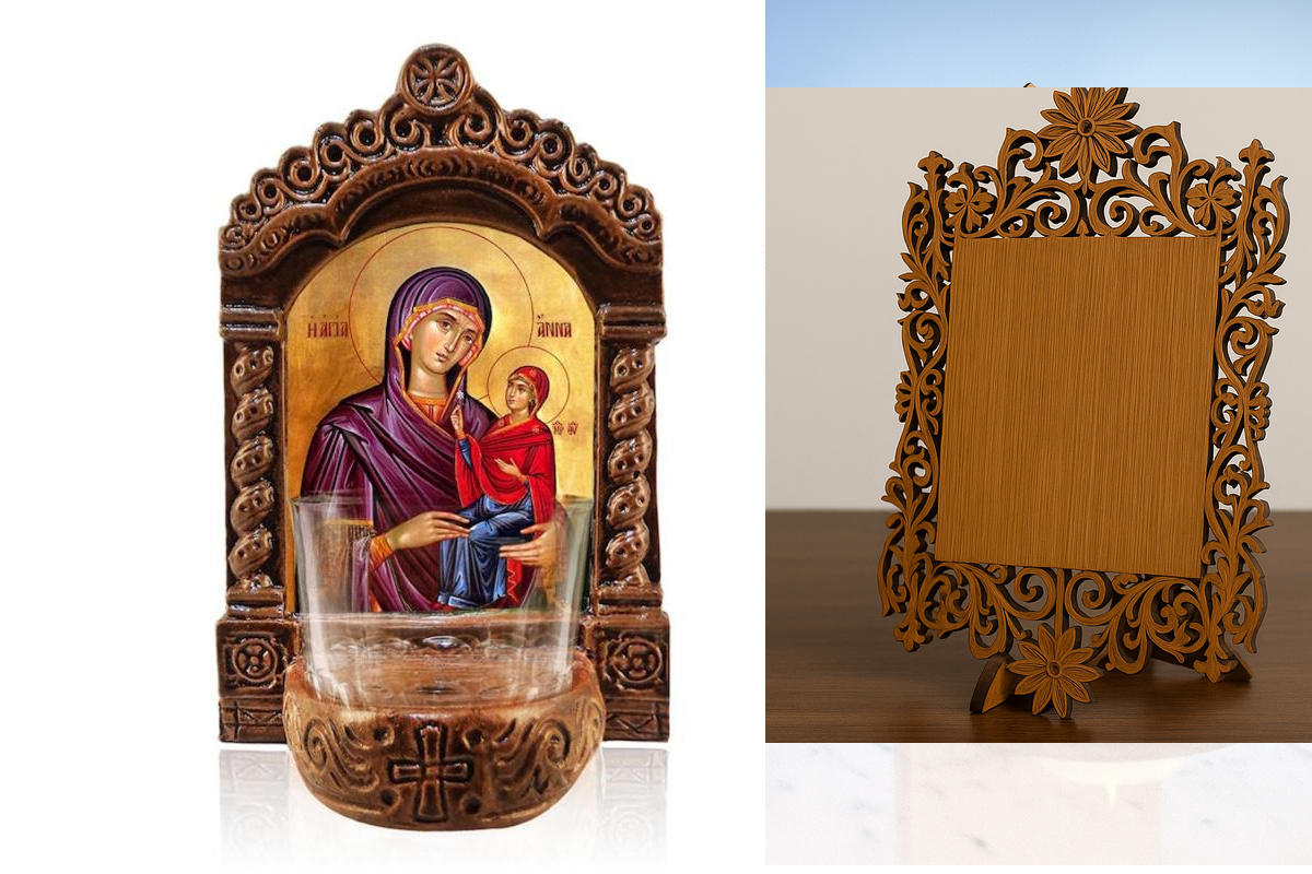 Εικόνα Ορθοδοξίας Δαντέλα μαζι με  Βάση σε  8 χρώματα με περίγραμμα χρυσό σε ξύλο Plywood (Πλακάζ)   με  βάση Φωτιστικό Αγίας Άννας, Εικόνα Επιτραπέζιας Αγίας Άννας, Χειροποίητο Κεραμικό Φωτιστικό με Γυάλινο Κύπελλο Διάσταση 45x35 cm (17,7 x 13,8 ίντσες)