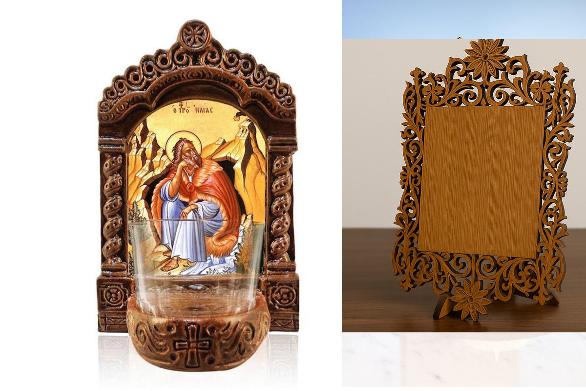 Εικόνα Ορθοδοξίας Δαντέλα μαζι με  Βάση σε  8 χρώματα με περίγραμμα χρυσό σε ξύλο Plywood (Πλακάζ)   με  βάση Φωτιστικό Προφήτη Ηλία, Επιτραπέζια Εικόνα Προφήτη Ηλία, Χειροποίητο Κεραμικό Φωτιστικό Αγρυπνίας με Γυάλινο Κύπελλο Διάσταση 45x35 cm (17,7 x 13