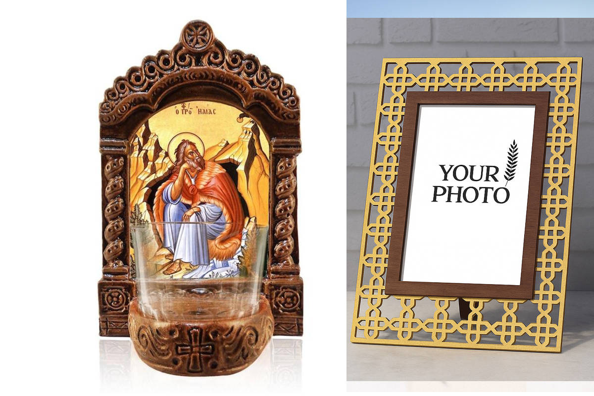 Εικόνα Ορθοδοξίας Πολυτελείας  με  σχεδιο Σταυρούς μαζι με  Βάση σε  8 χρώματα με περίγραμμα χρυσό σε ξύλο Plywood (Πλακάζ)   με  βάση Φωτιστικό Προφήτη Ηλία, Επιτραπέζια Εικόνα Προφήτη Ηλία, Χειροποίητο Κεραμικό Φωτιστικό Αγρυπνίας με Γυάλινο Κύπελλο Διά