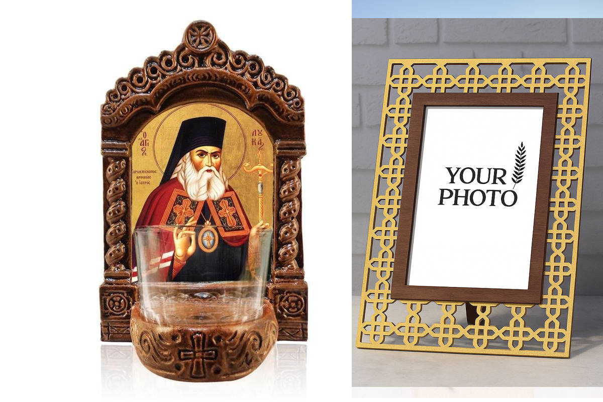 Εικόνα Ορθοδοξίας Πολυτελείας  με  σχεδιο Σταυρούς μαζι με  Βάση σε  8 χρώματα με περίγραμμα χρυσό σε ξύλο Plywood (Πλακάζ)   με  βάση Φωτιστικό Αγρυπνίας Άγιος Λουκάς ο Ιατρός, Εικόνα Επιτραπέζιο Άγιος Λουκάς ο Ιατρός, Χειροποίητο Κεραμικό Φανάρι με γυάλ