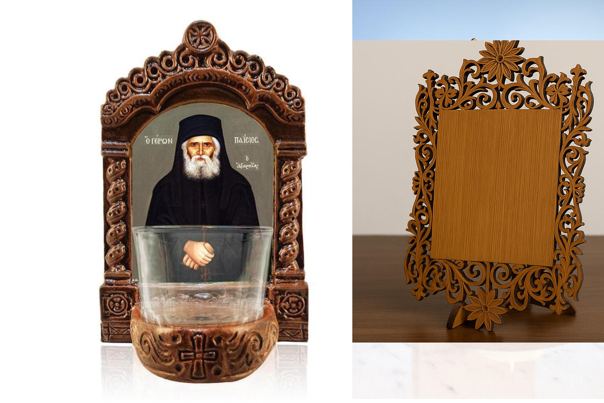 Εικόνα Ορθοδοξίας Δαντέλα μαζι με  Βάση σε  8 χρώματα με περίγραμμα χρυσό σε ξύλο Plywood (Πλακάζ)   με  βάση Φωτιστικό Αγρυπνίας Αγίου Παΐσιου, Επιτραπέζια εικόνα Πατήρ Παΐσιος ο Αθωνίτης, Χειροποίητο Κεραμικό Φωτεινό με γυάλινο κύπελλο Διάσταση 45x35 cm