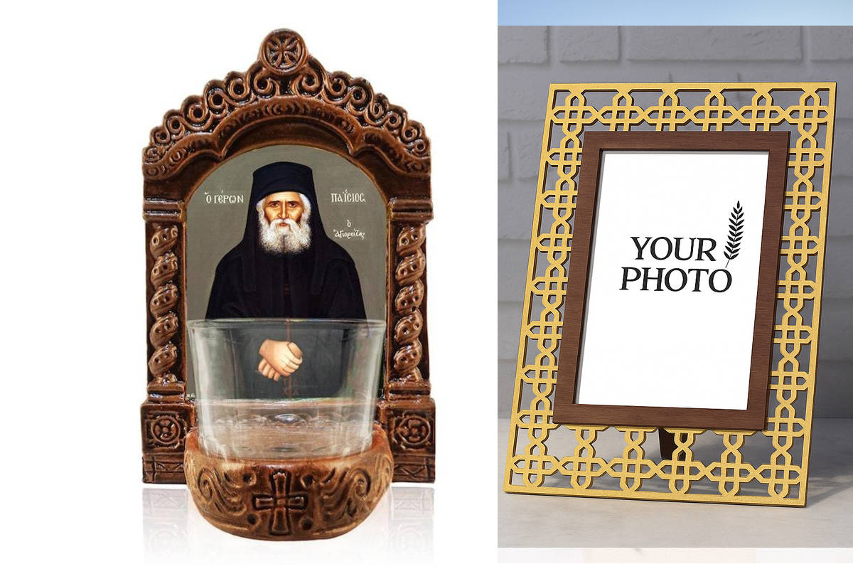 Εικόνα Ορθοδοξίας Πολυτελείας  με  σχεδιο Σταυρούς μαζι με  Βάση σε  8 χρώματα με περίγραμμα χρυσό σε ξύλο Plywood (Πλακάζ)   με  βάση Φωτιστικό Αγρυπνίας Αγίου Παΐσιου, Επιτραπέζια εικόνα Πατήρ Παΐσιος ο Αθωνίτης, Χειροποίητο Κεραμικό Φωτεινό με γυάλινο