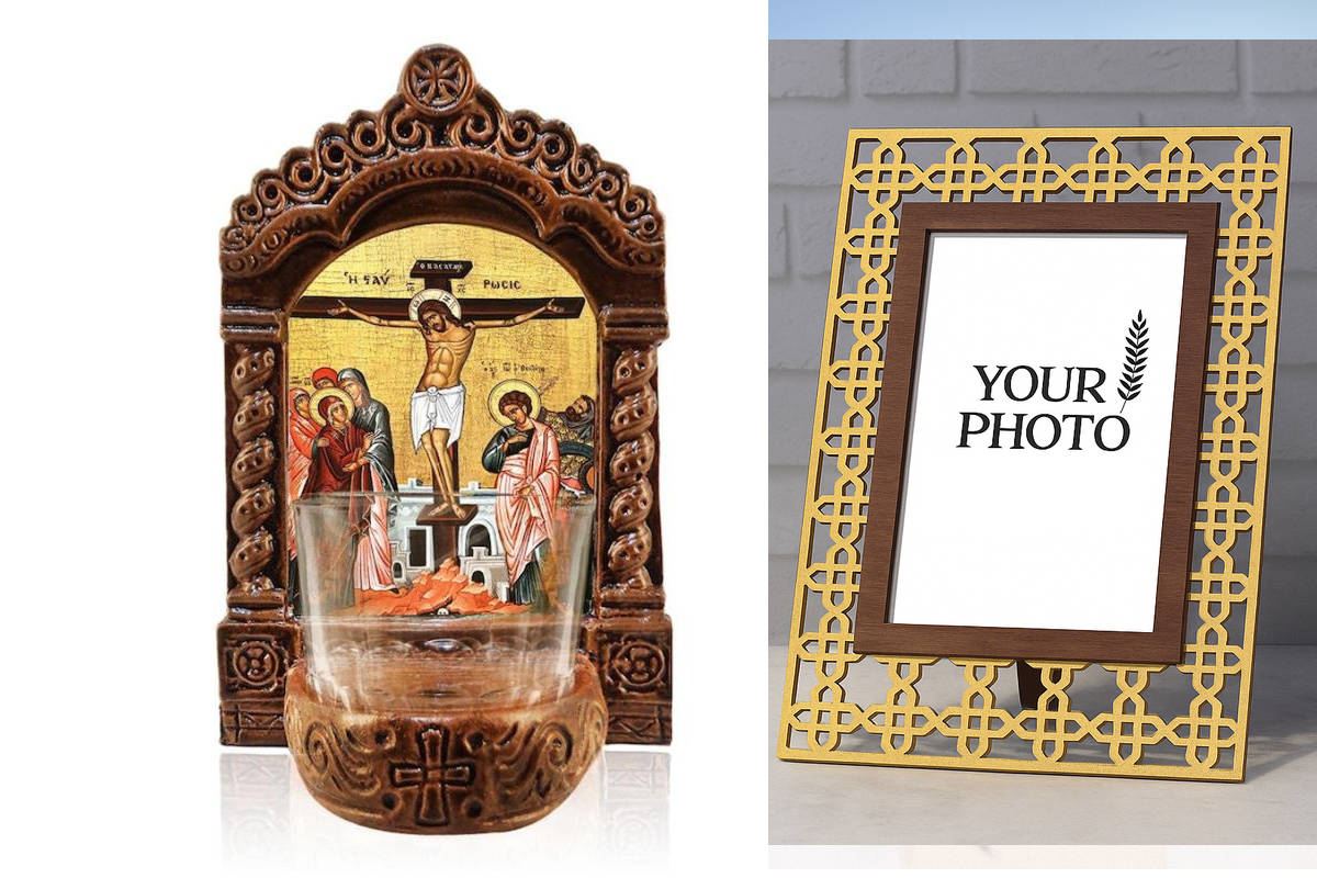 Εικόνα Ορθοδοξίας Πολυτελείας  με  σχεδιο Σταυρούς μαζι με  Βάση σε  8 χρώματα με περίγραμμα χρυσό σε ξύλο Plywood (Πλακάζ)   με  βάση Φωτιστικό Αγρυπνίας Η Σταύρωση του Ιησού Χριστού, Εικονίδιο επιτραπέζιου Ιησού Χριστού, Χειροποίητο Κεραμικό Φωτιστικό Α