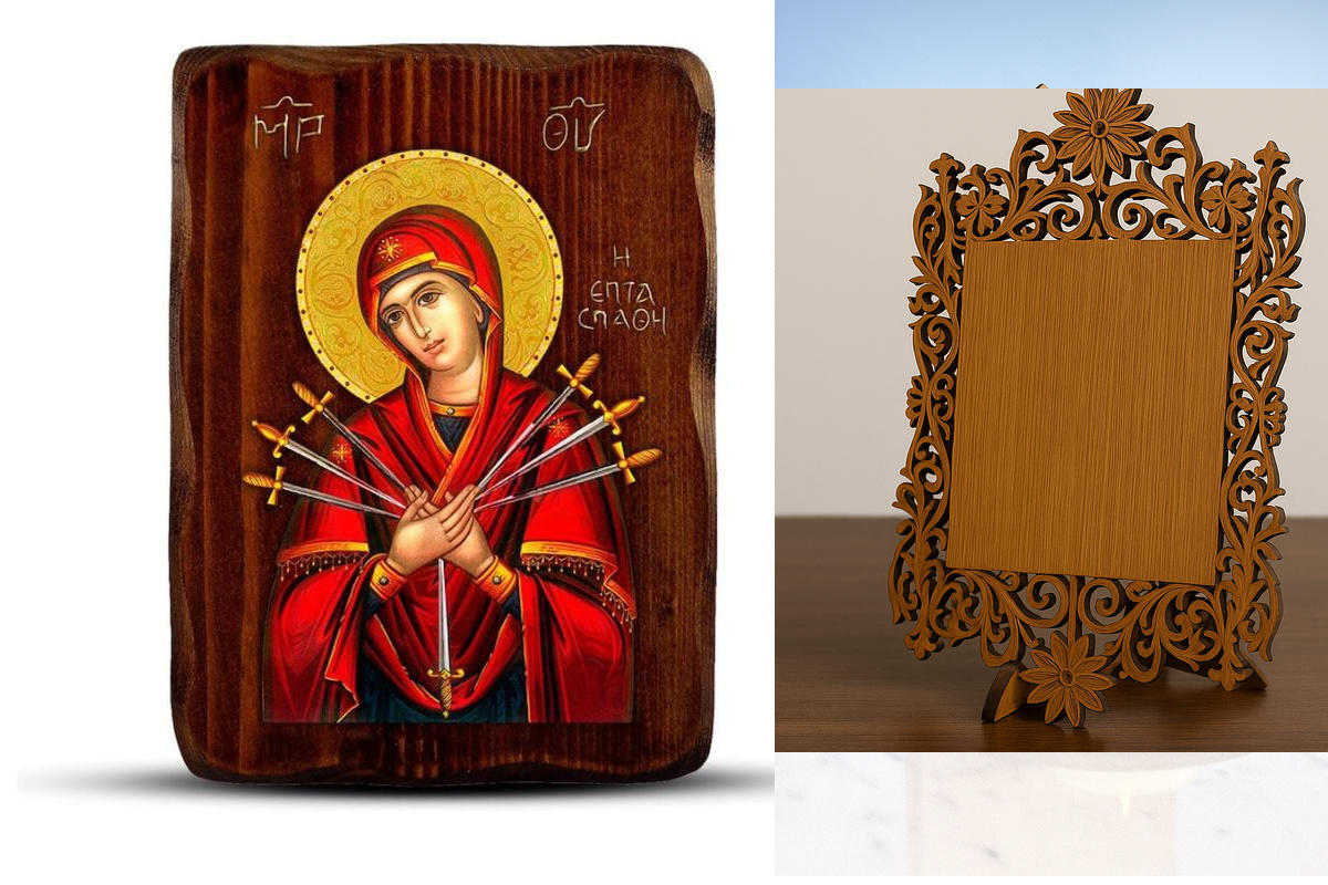 Εικόνα Ορθοδοξίας Δαντέλα μαζι με  Βάση σε  8 χρώματα με περίγραμμα χρυσό σε ξύλο Plywood (Πλακάζ)   με  βάση Παναγία των Θλίψεων-Εφτά ξίφη εικόνα, Χειροποίητη Ξύλινη εικόνα Παναγίας Επτασπάθη, τοίχος βυζαντινής τέχνης, θρησκευτικό δώρο, χριστιανική διακό