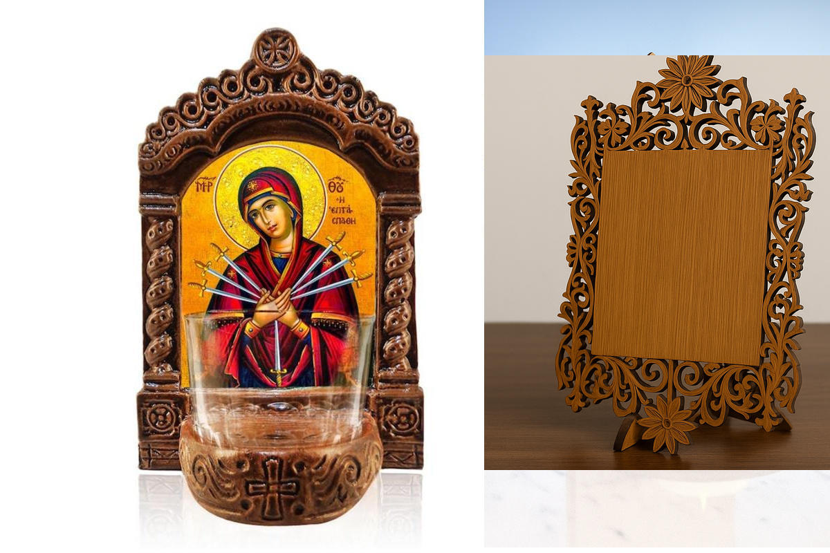 Εικόνα Ορθοδοξίας Δαντέλα μαζι με  Βάση σε  8 χρώματα με περίγραμμα χρυσό σε ξύλο Plywood (Πλακάζ)   με  βάση Παναγία των Επτά Θλίψεων Παναγία Αγρυπνία, Η Επταξίφη Παναγία Κεραμική Επιτραπέζια Εικόνα, Παναγία Επτασπάθη Αγρυπνία με Κύπελλο Διάσταση 45x35 c