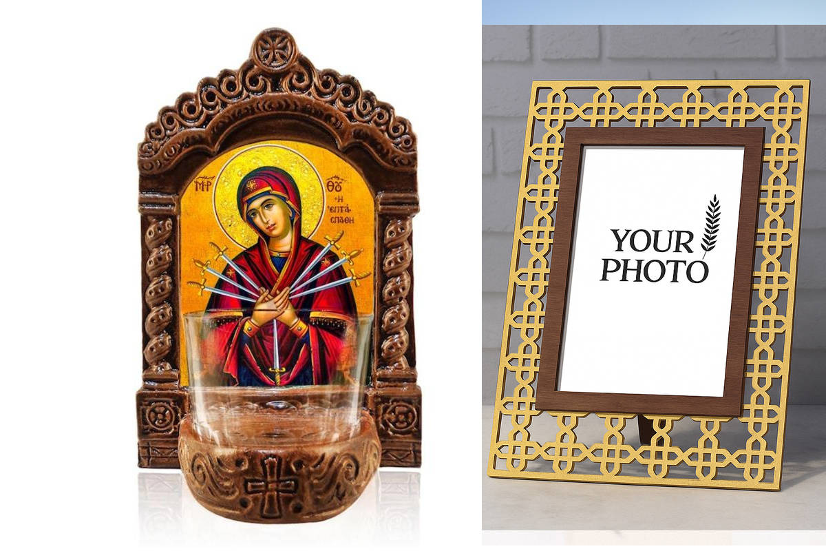 Εικόνα Ορθοδοξίας Πολυτελείας  με  σχεδιο Σταυρούς μαζι με  Βάση σε  8 χρώματα με περίγραμμα χρυσό σε ξύλο Plywood (Πλακάζ)   με  βάση Παναγία των Επτά Θλίψεων Παναγία Αγρυπνία, Η Επταξίφη Παναγία Κεραμική Επιτραπέζια Εικόνα, Παναγία Επτασπάθη Αγρυπνία με