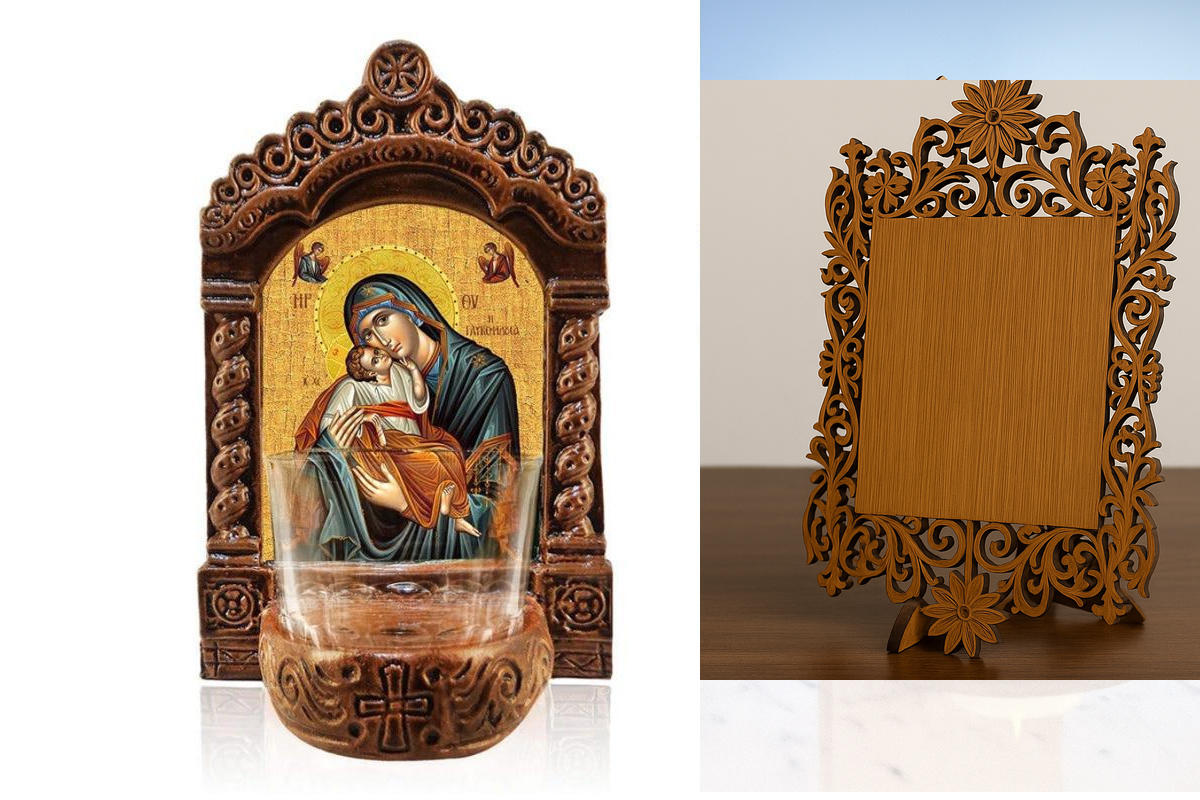 Εικόνα Ορθοδοξίας Δαντέλα μαζι με  Βάση σε  8 χρώματα με περίγραμμα χρυσό σε ξύλο Plywood (Πλακάζ)   με  βάση Παναγία Γλυκοφιλούσα Φωτιστικό Αγρυπνίας, Εικόνα Παναγίας Γλυκοφιλούσας, Κεραμικό Επιτραπέζιο Παναγία Γλυκοφιλούσα, Χειροποίητο με Γυάλινο Κύπελλ