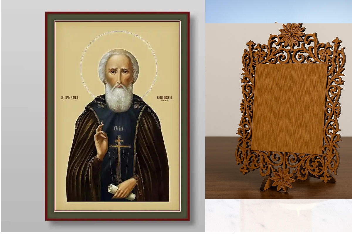 Σετ 2 τεμαχίων – Εικόνα Ορθοδοξίας Δαντέλα μαζι με  Βάση σε  8 χρώματα με περίγραμμα χρυσό σε ξύλο Plywood (Πλακάζ)   με  βάση Σέργιος του Ραντόνεζ, Χειροποίητη Ελληνορθόδοξη , Κρεμαστή πλάκα βυζαντινής τέχνης, χριστιανική τέχνη Διάσταση 21x15 cm (8,3 x 5