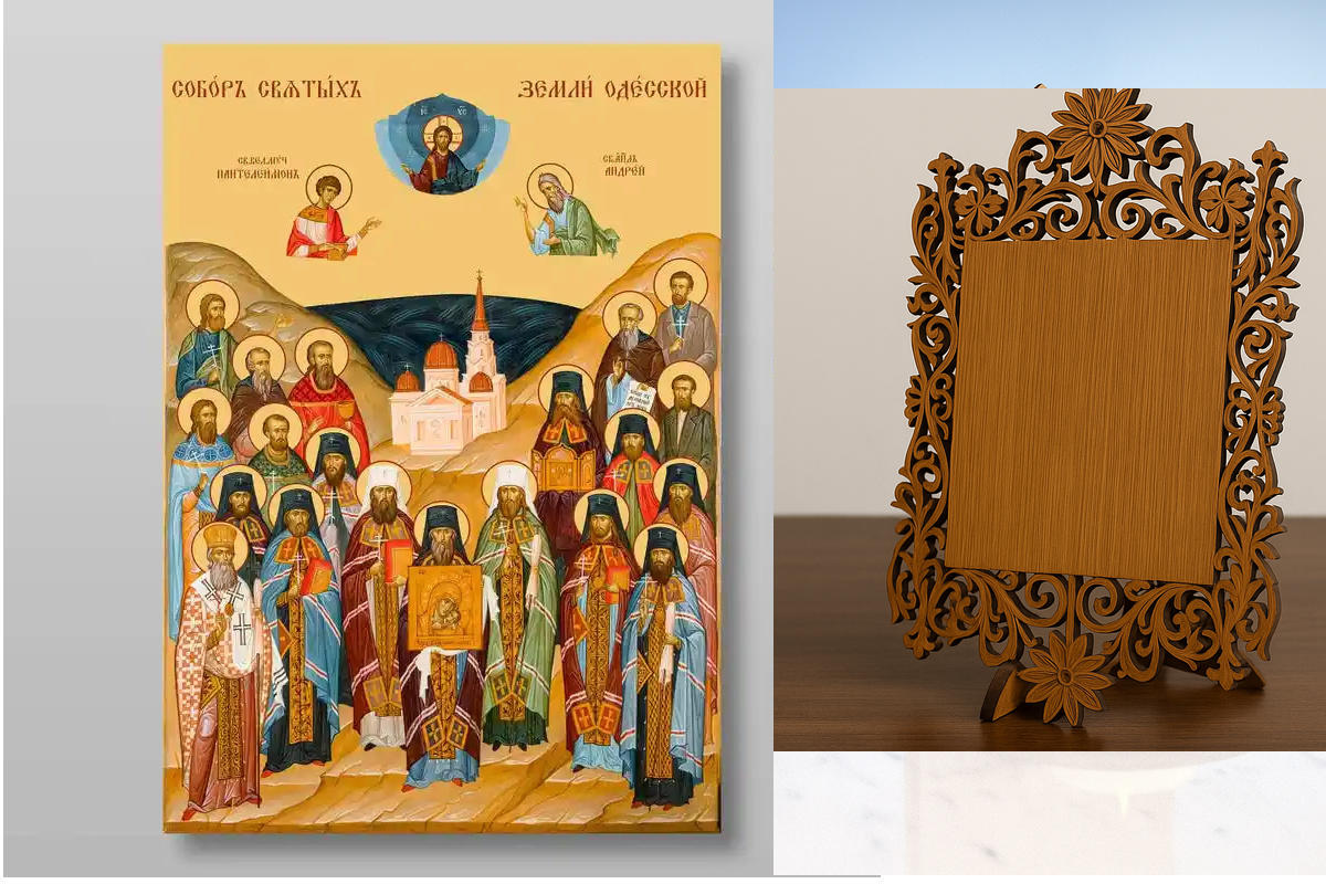 Σετ 2 τεμαχίων – Εικόνα Ορθοδοξίας Δαντέλα μαζι με  Βάση σε  8 χρώματα με περίγραμμα χρυσό σε ξύλο Plywood (Πλακάζ)   με  βάση Συλλογή των Αγίων της Οδησσού, Χειροποίητη Ελληνορθόδοξη , Κρεμαστή πλάκα βυζαντινής τέχνης, χριστιανική τέχνη Διάσταση 21x15 cm