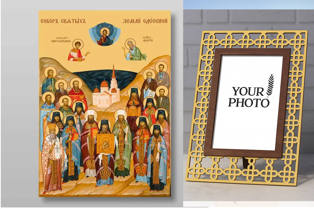 Εικόνα Ορθοδοξίας Πολυτελείας  με  σχεδιο Σταυρούς μαζι με  Βάση σε  8 χρώματα με περίγραμμα χρυσό σε ξύλο Plywood (Πλακάζ)   με  βάση Συλλογή των Αγίων της Οδησσού, Χειροποίητη Ελληνορθόδοξη , Κρεμαστή πλάκα βυζαντινής τέχνης, χριστιανική τέχνη Διάσταση