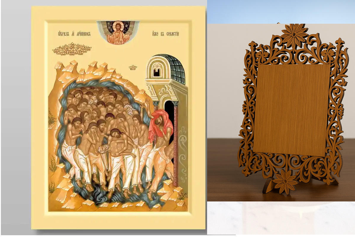 Σετ 2 τεμαχίων – Εικόνα Ορθοδοξίας Δαντέλα μαζι με  Βάση σε  8 χρώματα με περίγραμμα χρυσό σε ξύλο Plywood (Πλακάζ)   με  βάση Σαράντα Μάρτυρες της Σεβαστής, Χειροποίητη Ελληνορθόδοξη , Κρεμαστή πλάκα βυζαντινής τέχνης, χριστιανική τέχνη Διάσταση 26x20 cm