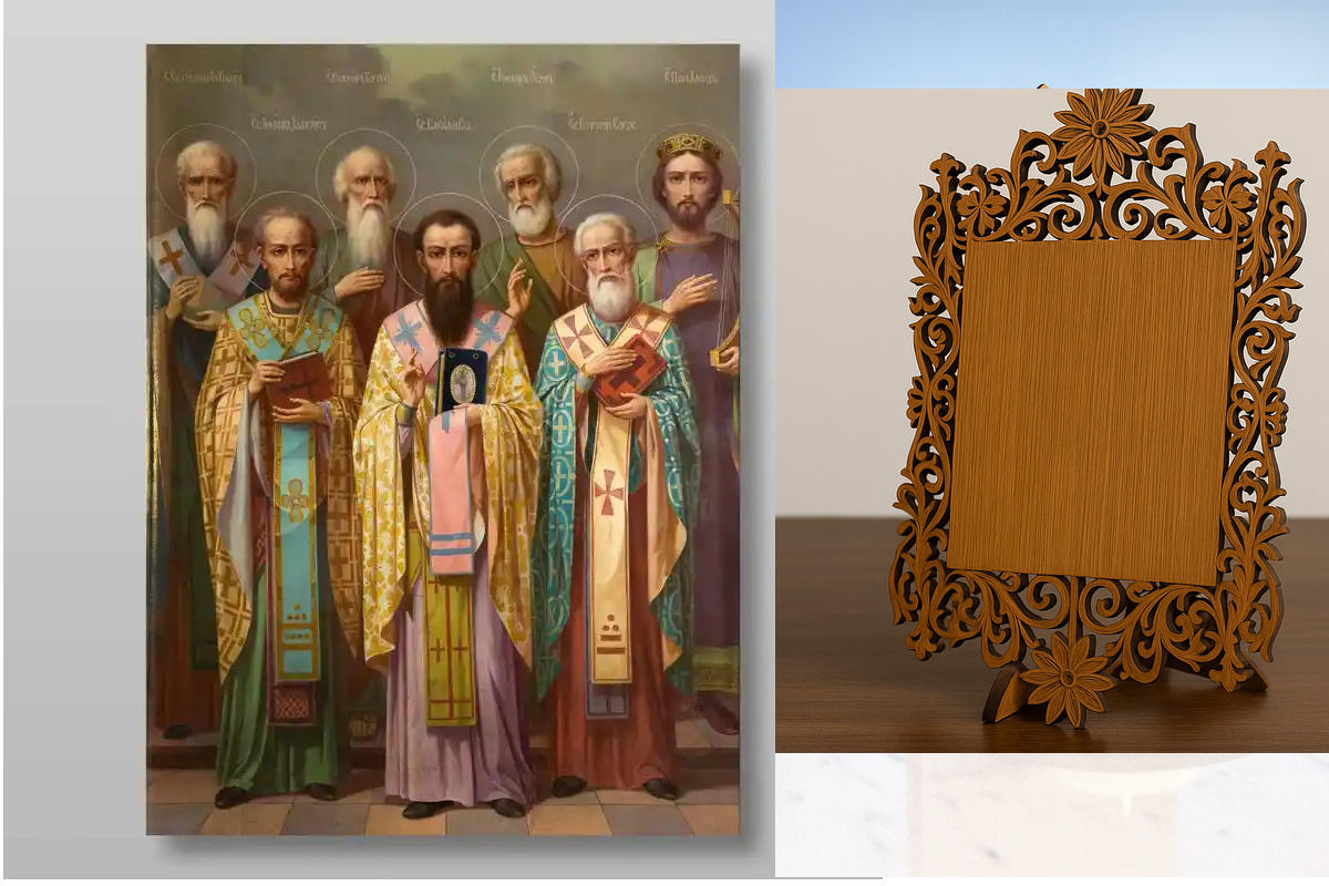 Σετ 2 τεμαχίων – Εικόνα Ορθοδοξίας Δαντέλα μαζι με  Βάση σε  8 χρώματα με περίγραμμα χρυσό σε ξύλο Plywood (Πλακάζ)   με  βάση Τρεις Άγιοι και άλλοι, Χειροποίητη Ελληνορθόδοξη , Κρεμαστή πλάκα βυζαντινής τέχνης, χριστιανική τέχνη Διάσταση 21x15 cm (8,3 x