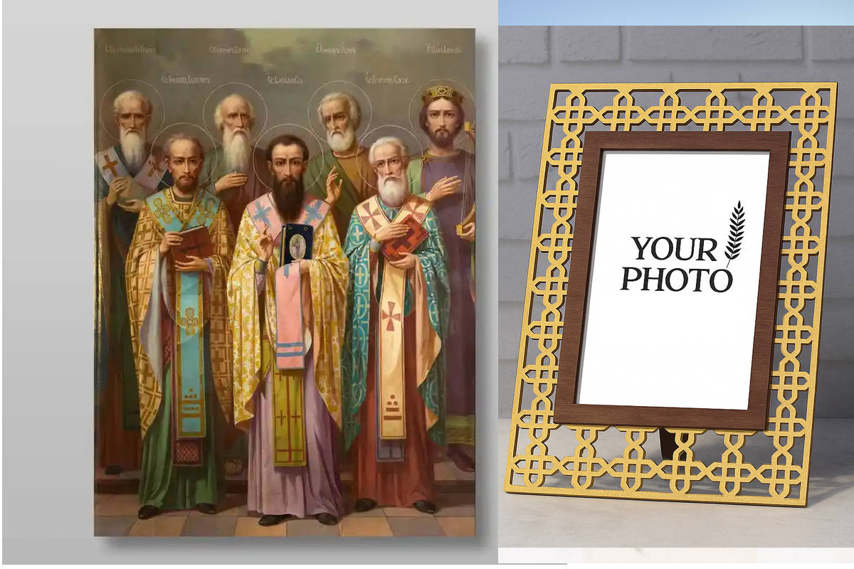 Εικόνα Ορθοδοξίας Πολυτελείας  με  σχεδιο Σταυρούς μαζι με  Βάση σε  8 χρώματα με περίγραμμα χρυσό σε ξύλο Plywood (Πλακάζ)   με  βάση Τρεις Άγιοι και άλλοι, Χειροποίητη Ελληνορθόδοξη , Κρεμαστή πλάκα βυζαντινής τέχνης, χριστιανική τέχνη Διάσταση 10x7 cm