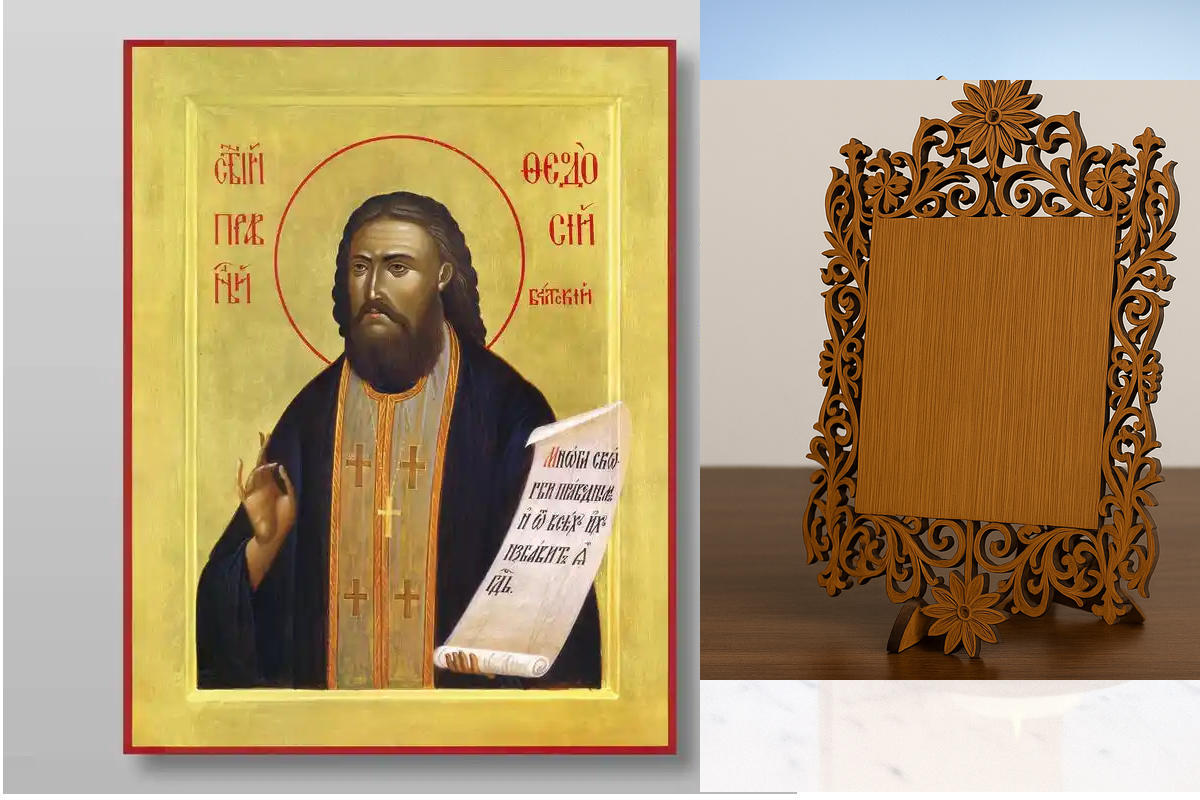 Σετ 2 τεμαχίων – Εικόνα Ορθοδοξίας Δαντέλα μαζι με  Βάση σε  8 χρώματα με περίγραμμα χρυσό σε ξύλο Plywood (Πλακάζ)   με  βάση Θεοδόσιος ο Βάλτας ο δίκαιος, Χειροποίητη Ελληνορθόδοξη , Κρεμαστή πλάκα βυζαντινής τέχνης, χριστιανική τέχνη Διάσταση 21x15 cm