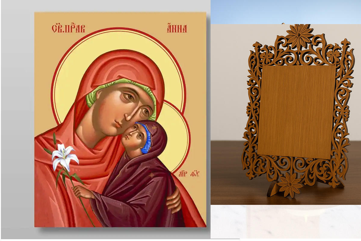 Εικόνα Ορθοδοξίας Δαντέλα μαζι με  Βάση σε  8 χρώματα με περίγραμμα χρυσό σε ξύλο Plywood (Πλακάζ)   με  βάση Άννα, μητέρα της Υπεραγίας Θεοτόκου, δίκαιη, Χειροποίητη Ελληνορθόδοξη , Κρεμαστή πλάκα βυζαντινής τέχνης, χριστιανική τέχνη Διάσταση 50x40 cm (1