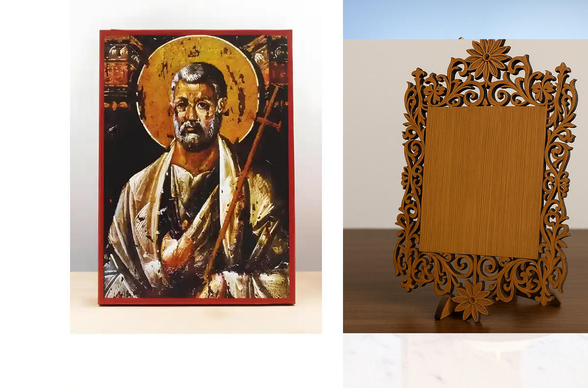 Σετ 2 τεμαχίων – Εικόνα Ορθοδοξίας Δαντέλα μαζι με  Βάση σε  8 χρώματα με περίγραμμα χρυσό σε ξύλο Plywood (Πλακάζ)   με  βάση Άγιος Απόστολος Πέτρος Φρέσκο, Ξύλινη Χειροποίητη Εικόνα Ελληνικού Premium Βυζαντινού Στυλ Κρεμαστή σε ξύλινη πλάκα Θρησκευτικό