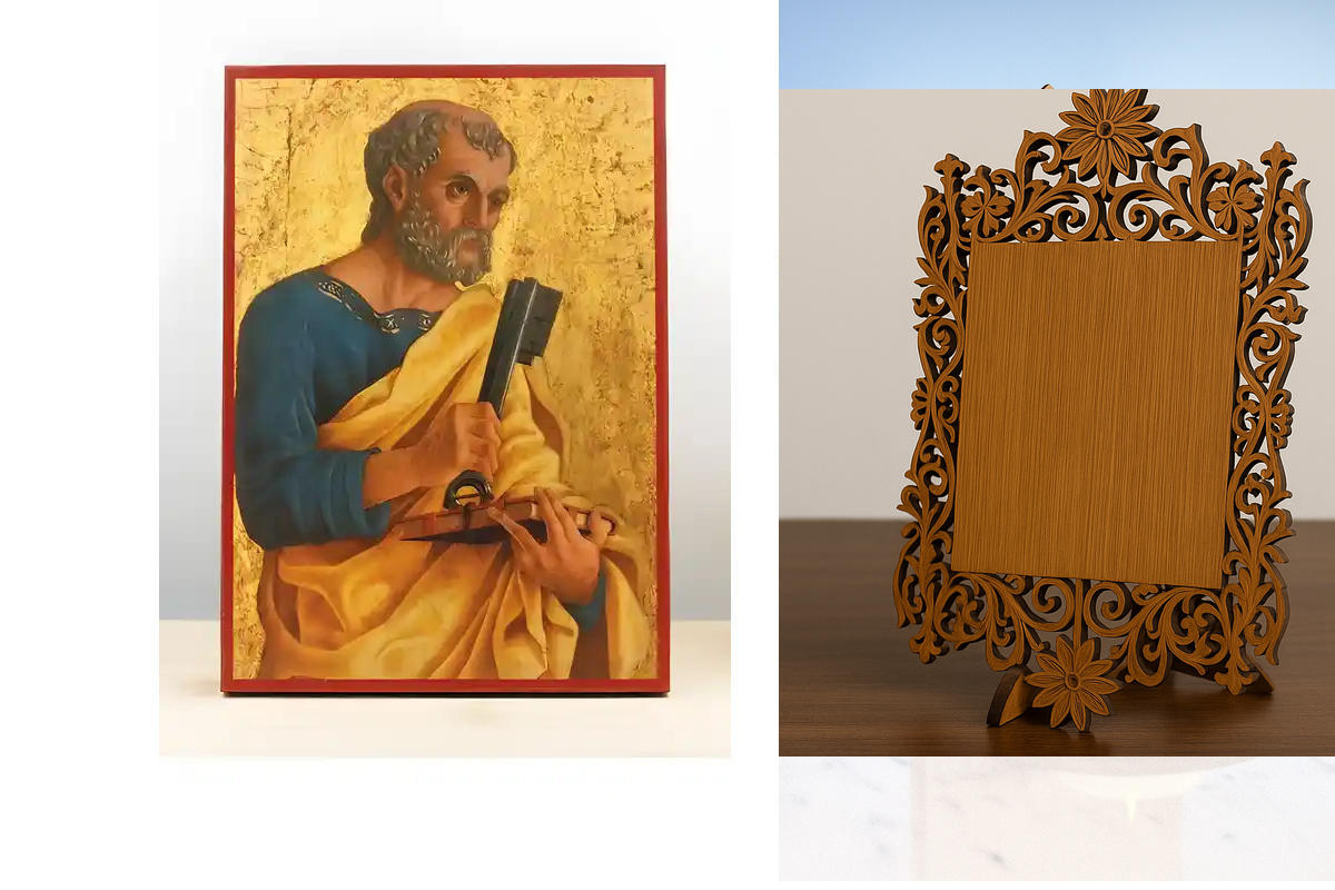 Εικόνα Ορθοδοξίας Δαντέλα μαζι με  Βάση σε  8 χρώματα με περίγραμμα χρυσό σε ξύλο Plywood (Πλακάζ)   με  βάση Άγιος Απόστολος Πέτρος κρατώντας τα Κλειδιά του Ουρανού, Ξύλινη Χειροποίητη Εικόνα Ελληνικού Βυζαντινού Στυλ τοίχου Κρεμασμένη σε ξύλινη πλάκα Θρ