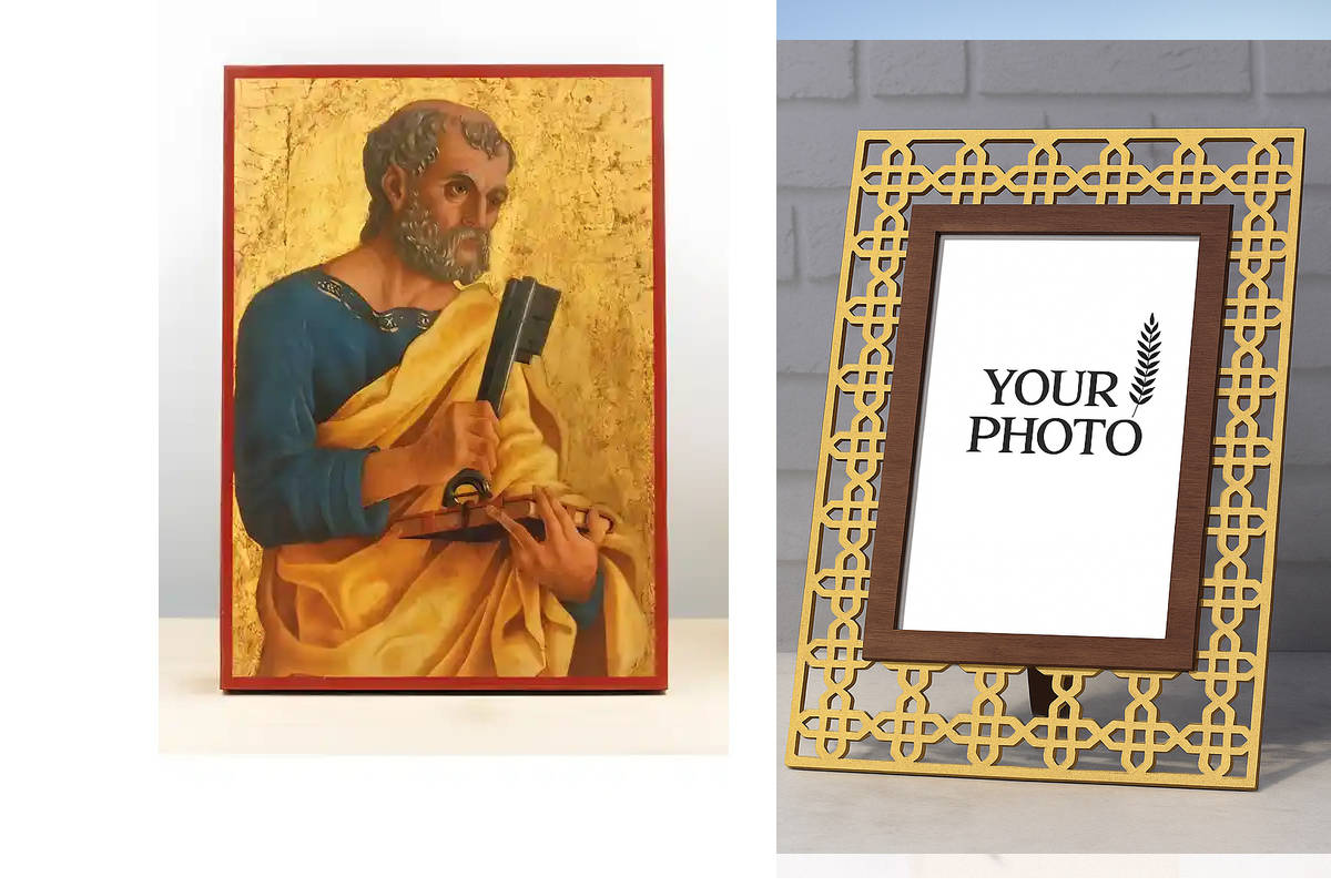 Εικόνα Ορθοδοξίας Πολυτελείας  με  σχεδιο Σταυρούς μαζι με  Βάση σε  8 χρώματα με περίγραμμα χρυσό σε ξύλο Plywood (Πλακάζ)   με  βάση Άγιος Απόστολος Πέτρος κρατώντας τα Κλειδιά του Ουρανού, Ξύλινη Χειροποίητη Εικόνα Ελληνικού Βυζαντινού Στυλ τοίχου Κρεμ