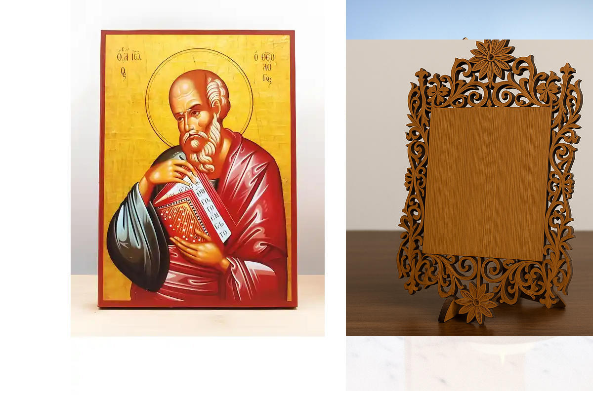 Εικόνα Ορθοδοξίας Δαντέλα μαζι με  Βάση σε  8 χρώματα με περίγραμμα χρυσό σε ξύλο Plywood (Πλακάζ)   με  βάση Άγιος Απόστολος Ιωάννης ο Θεολόγος και Ευαγγελιστής, Ξύλινη Χειροποίητη Εικόνα Ελληνικής Κορυφαίας Βυζαντινής Στυλ Κρεμαστή σε Ξύλινη Πλάκα Θρησκ