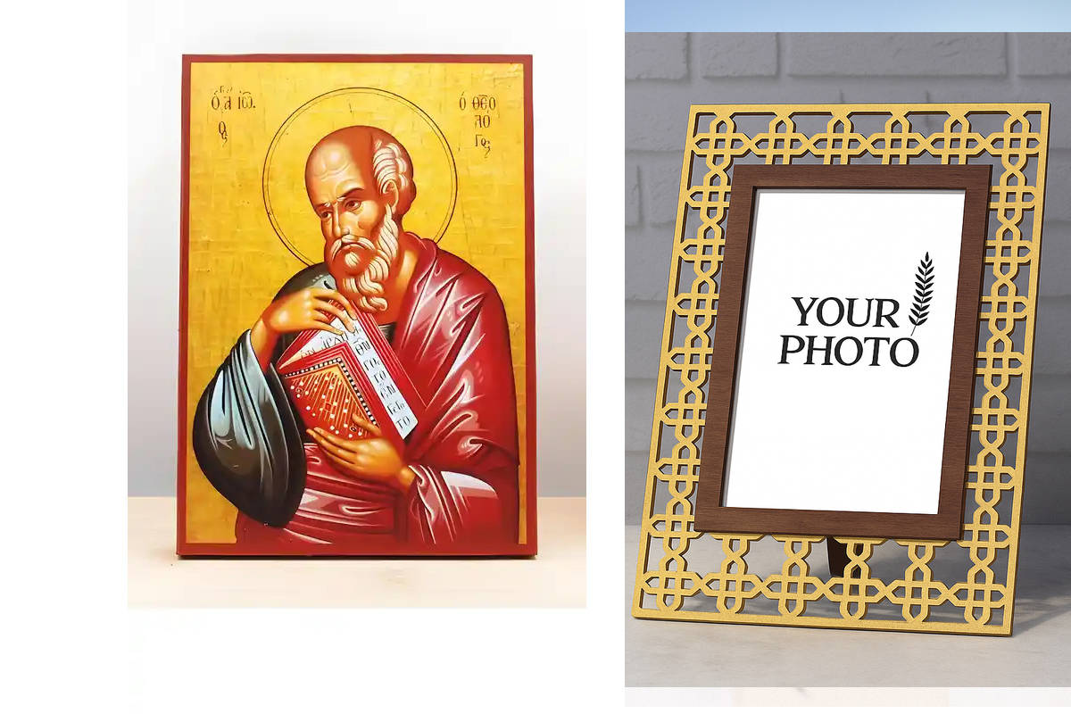 Εικόνα Ορθοδοξίας Πολυτελείας  με  σχεδιο Σταυρούς μαζι με  Βάση σε  8 χρώματα με περίγραμμα χρυσό σε ξύλο Plywood (Πλακάζ)   με  βάση Άγιος Απόστολος Ιωάννης ο Θεολόγος και Ευαγγελιστής, Ξύλινη Χειροποίητη Εικόνα Ελληνικής Κορυφαίας Βυζαντινής Στυλ Κρεμα