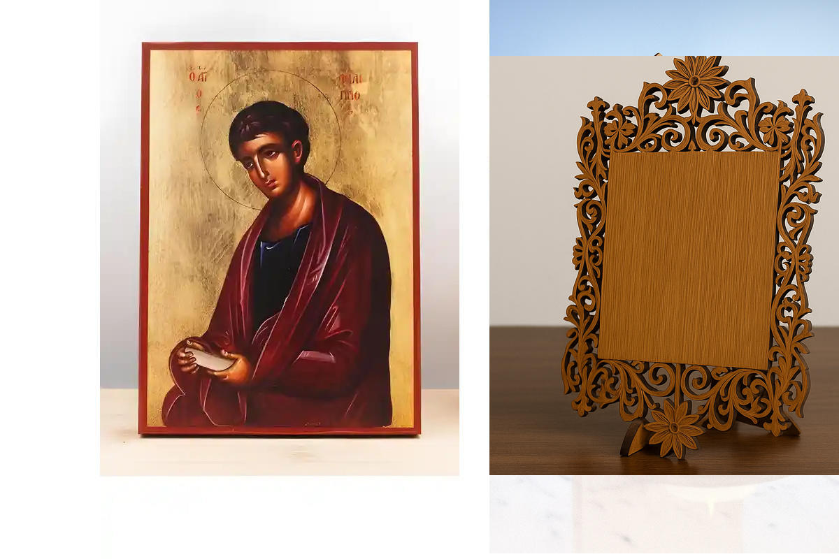 Σετ 2 τεμαχίων – Εικόνα Ορθοδοξίας Δαντέλα μαζι με  Βάση σε  8 χρώματα με περίγραμμα χρυσό σε ξύλο Plywood (Πλακάζ)   με  βάση Άγιος Απόστολος Φίλιππος, Ξύλινη Χειροποίητη Εικόνα Ελληνικού Premium Βυζαντινού Στυλ Κρεμαστή σε ξύλινη πλάκα Θρησκευτικό θέμα